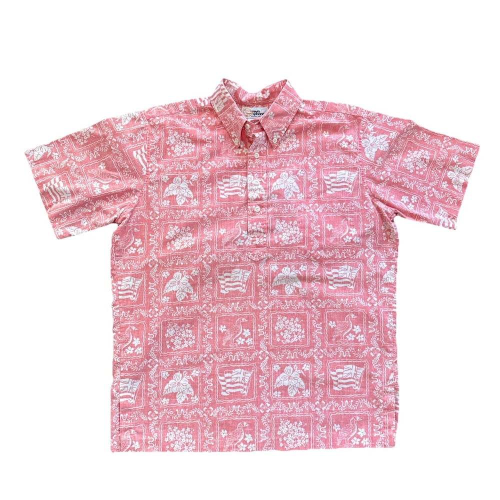Reyn Spooner Aloha Shirt Men M Hawaiian Floral Pink Vintage Reverse Print Polo